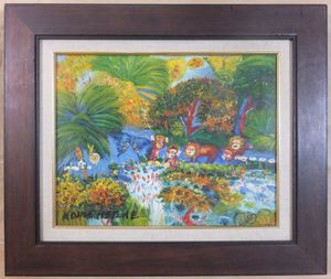 #野間仁根 色紙絵 釣魚記念品 「ぬばたまの渓のやり水や歌蛙」直筆サイン 俳画 野間仁根 色紙絵 釣魚記念品 「ぬばたまの渓のやり水や歌