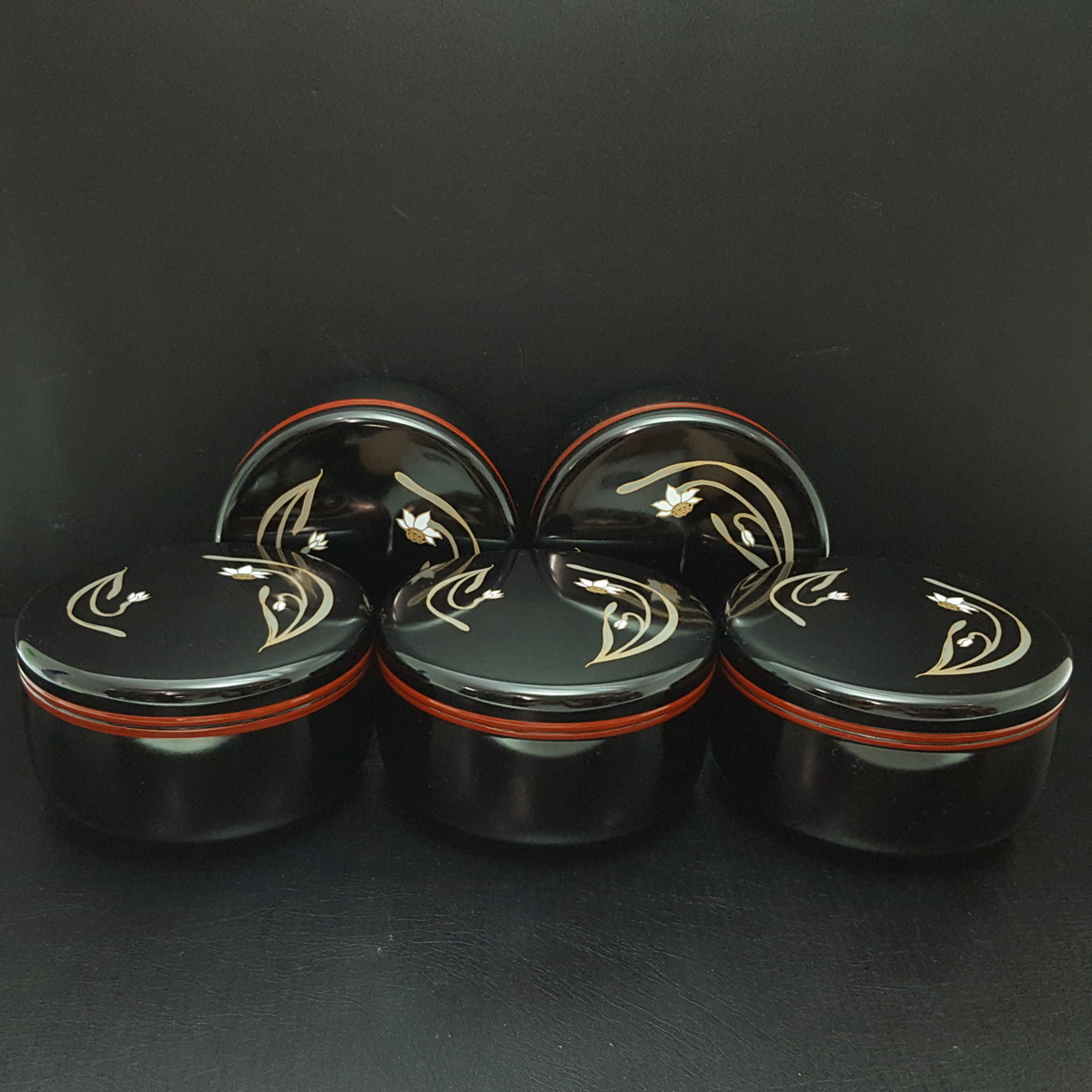 流】茶懐石道具 塗師陽斎 蒔絵煮物椀五客 共箱 CE000