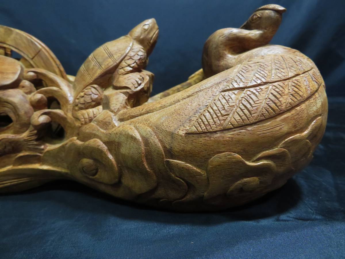 手彫り 墨壺(すみつぼ) 糸通し穴なし 欅(けやき) 鶴亀 全長310㎜ 新品