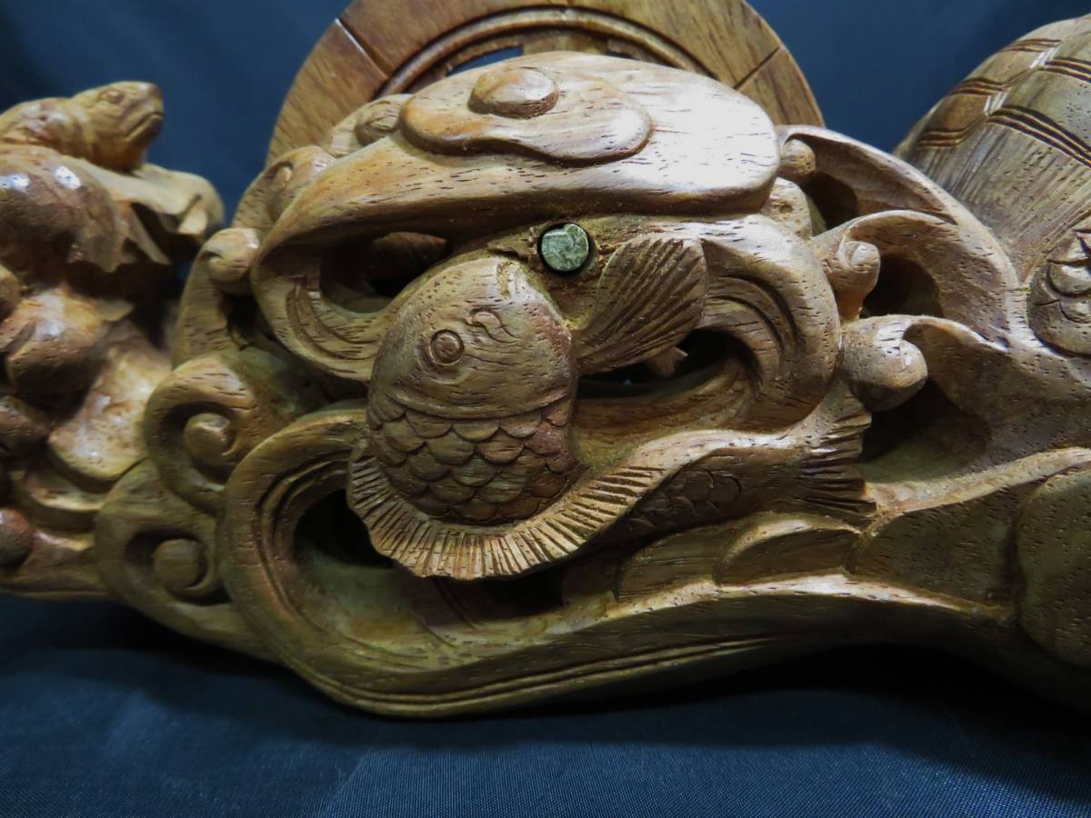 手彫り 墨壺(すみつぼ) 糸通し穴なし 欅(けやき) 鶴亀 全長310㎜ 新品