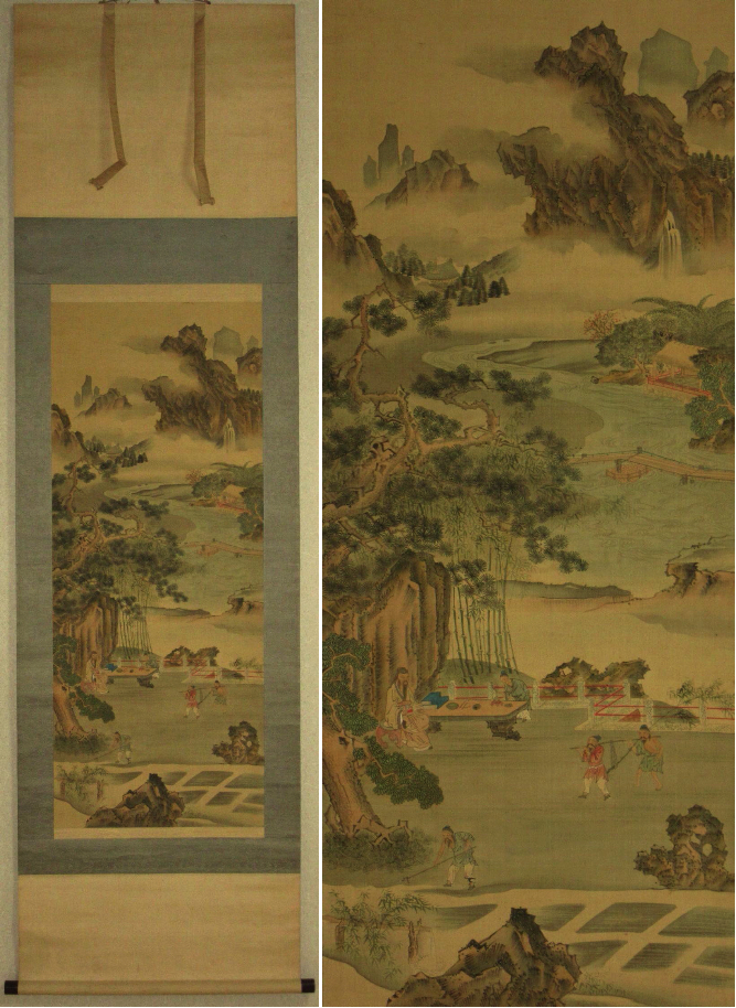 アンティーク清時代　丁観鵬撫北宋院體坐水屏之一　山水画 掛軸 模写】掛軸 無落款 「人物山水図」 松下高士 絹本 合箱