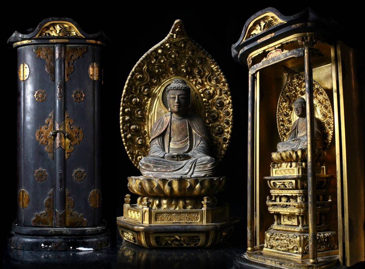 時代物 阿弥陀如来座像 木彫 玉眼 趣楽 【櫻】桃山～江戸期 木彫玉眼