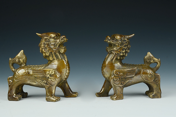 清代鎮宅神獣 魔除け 銅製獅子置物一対 ペア 時代物 A416 清 清代鎮宅神獣 魔除け 銅製獅子置物一対 ペア 時代物 A416 清
