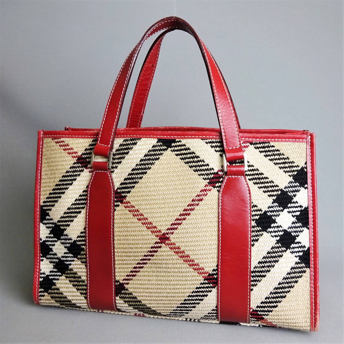 BURBERRY バーバリー ノバチェック ハンドバッグ ベージュ×レッド 本物 