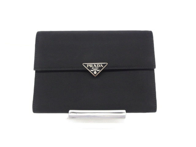 最終価格美品　PRADA プラダ　二つ折り　コンパクト　ナイロン　レザー　黒 プラダ PRADA ナイロン ブラック 財布 二つ折り レザー - 二つ折り財布