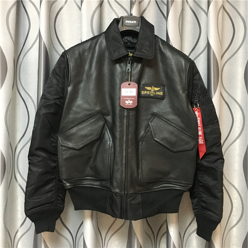 新品 ALPHA INDUSTRIES/BREITLING アルファ ブライトリングコラボ レザー切替フライトジャケット限定 ★A235-L★