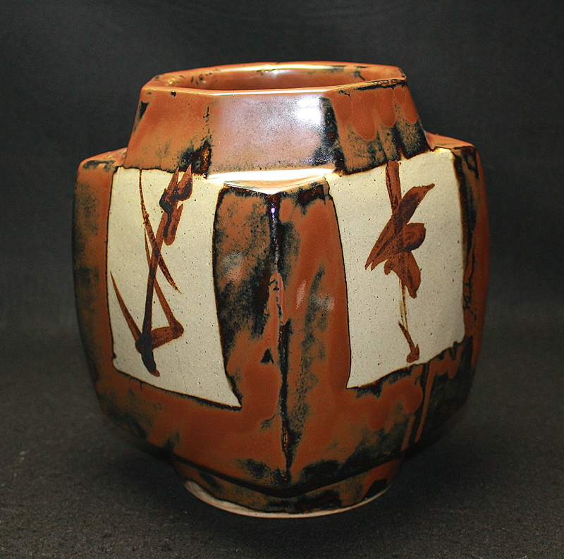 濱田庄司作 黒釉柿釉指描四方反上皿 人間国宝 文化勲章受章 濱田庄司作