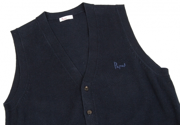 パパスPapas 胸ロゴ刺繍コットンリネンニットベスト 紺M