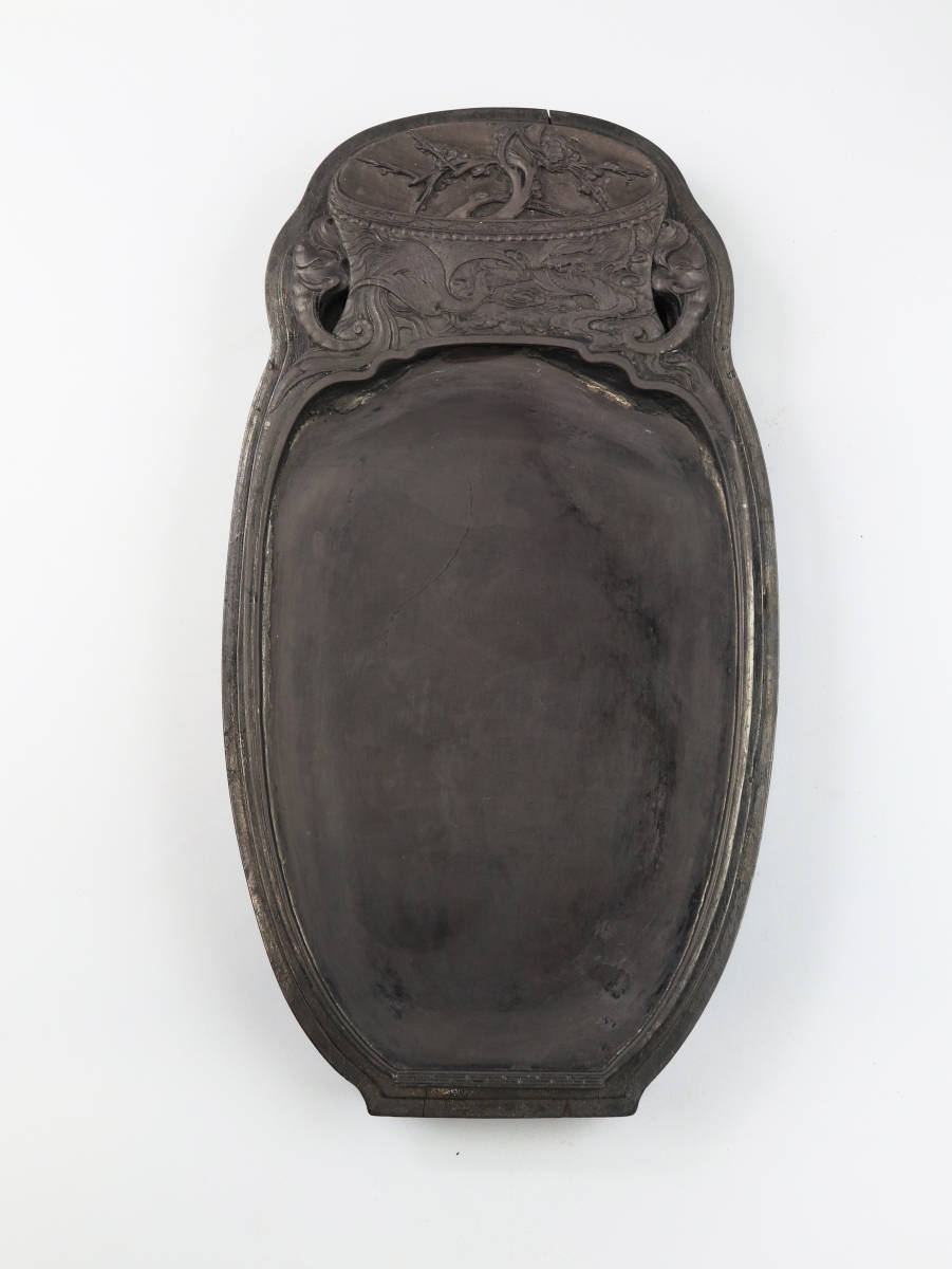 古硯　龍鳳紋象耳瓶形硯　本体26.3x13.8x2.2cm 唐木箱付　文房具・硯　端渓硯　b215