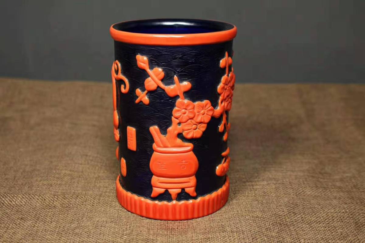早期収蔵 琉璃製 花卉紋 筆筒 筆立 文房具 書道品 稀少
