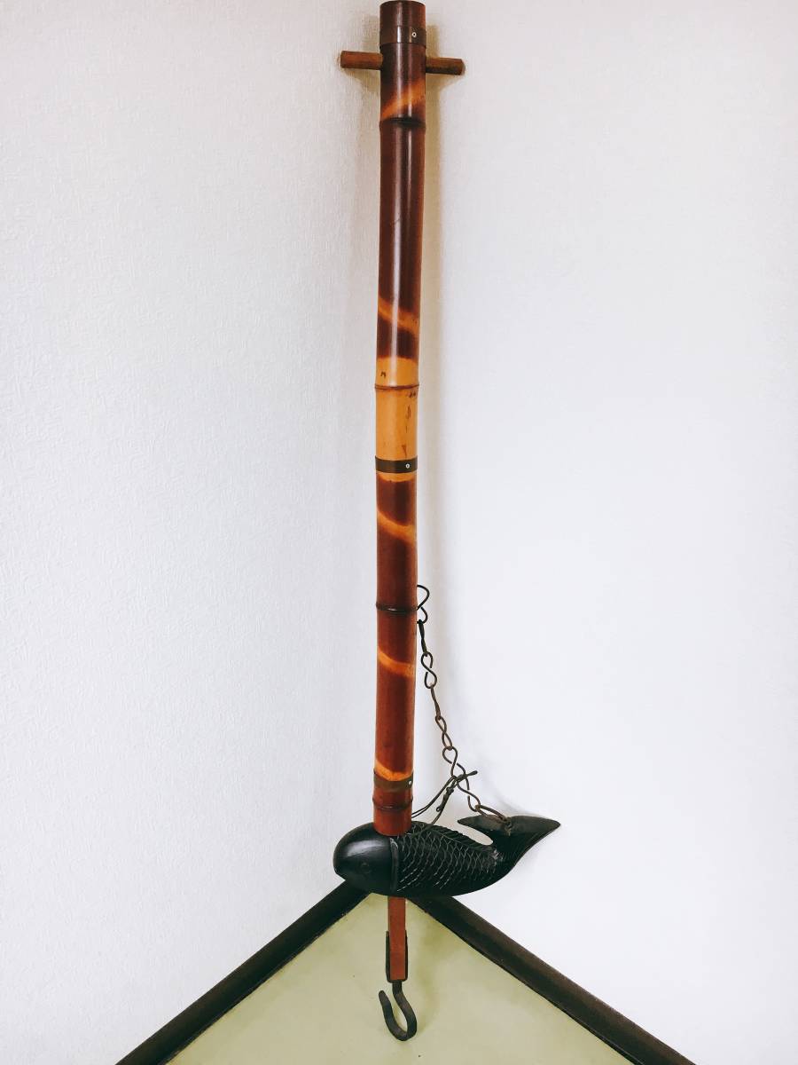 囲炉裏 自在鉤 鯉 骨董 -囲炉裏 全長約94cm 魚木 魚横木 木彫 時代民芸品