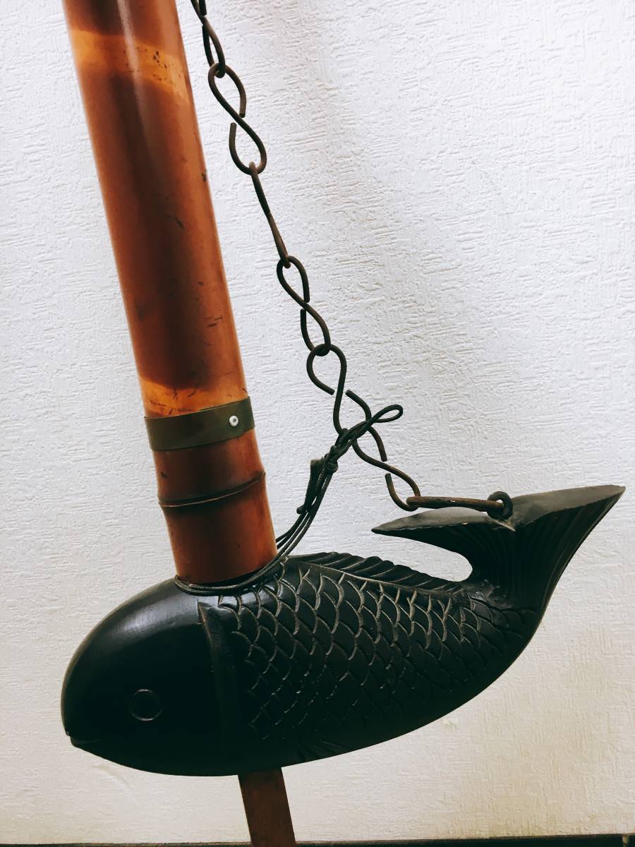 囲炉裏 自在鉤 鯉 骨董 -囲炉裏 全長約94cm 魚木 魚横木 木彫 時代民芸品