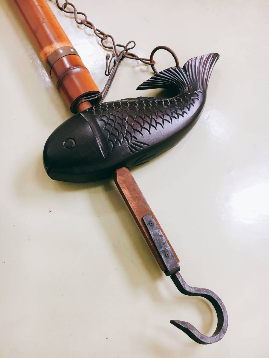 囲炉裏 自在鉤 鯉 骨董 -囲炉裏 全長約94cm 魚木 魚横木 木彫 時代民芸品