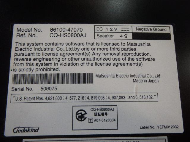 プリウス外し ZVW30 HDDナビ86100-47070　松下　CQ-HS0800AJ　ブルートゥース/AUX付　地図データー2015年　取説付
