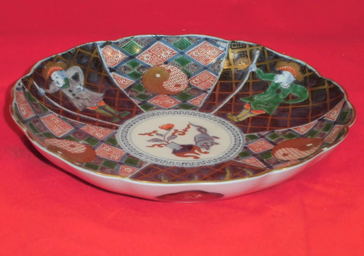 古伊万里 大明成化年製 色絵金襴手 南蛮船南蛮人図 大皿 38cm 古伊万里