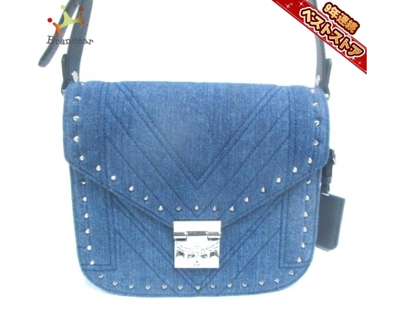 エムシーエム MCM ショルダーバッグ デニム×レザー ネイビー 2018年デニムコレクション/スタッズ 美品 バッグ