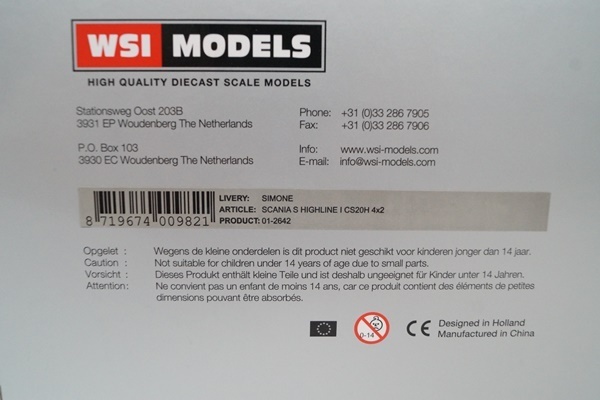 新品 WSI 1/50 スカニア SCANIA S HIGHLINE CS20H 4×2 SIMONE 01-2642