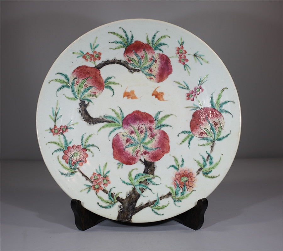 清時代 粉彩桃文盤 中国美術 骨董品保証