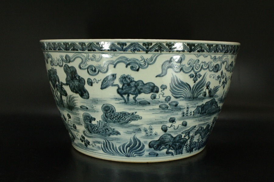 銀閣】中国美術青花 蓮池水鳥紋 大鉢 38cm旧家蔵出(ZB29)