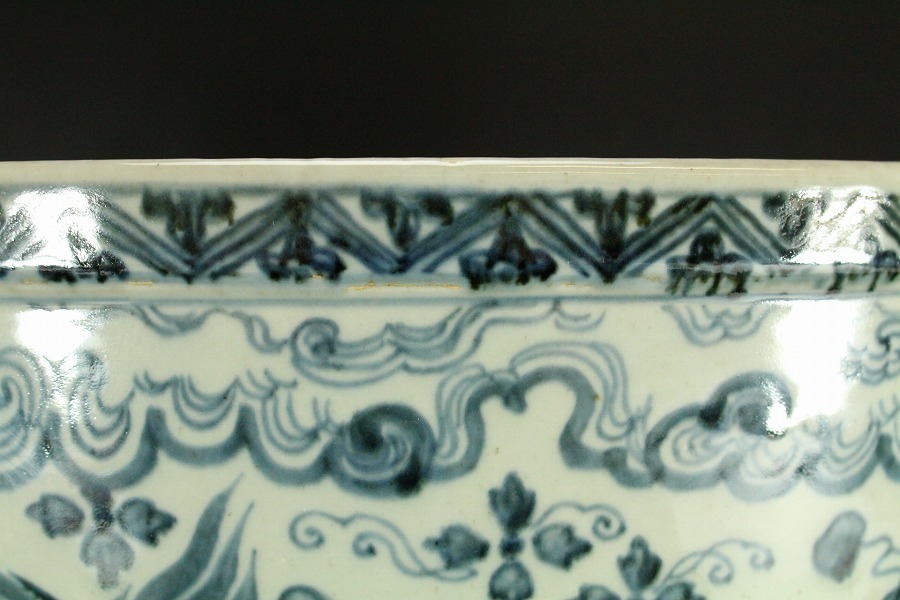 銀閣】中国美術青花 蓮池水鳥紋 大鉢 38cm旧家蔵出(ZB29)