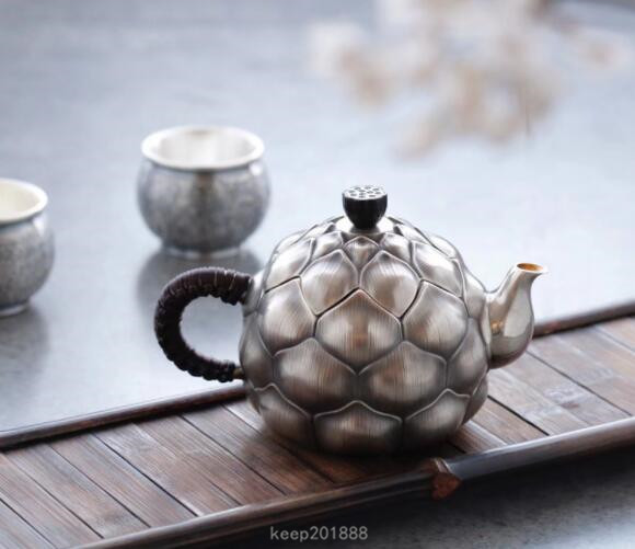 希少珍品 本銀製 細工純銀製200g 銀瓶 銀蓋 銀取手 煎茶湯沸 酒器 酒
