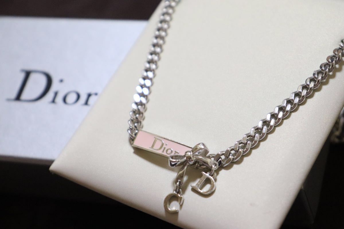 良品】Christian Dior ネックレス リボン ピンク プレート ロゴ
