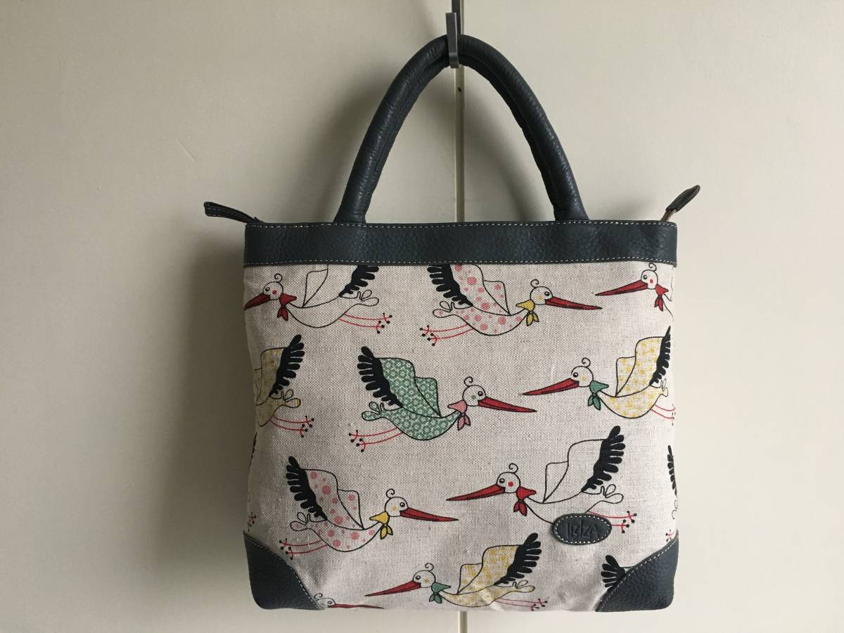 美品◎日本製 IBIZA イビザ コウノトリ柄トートバッグ ハンドバッグ 