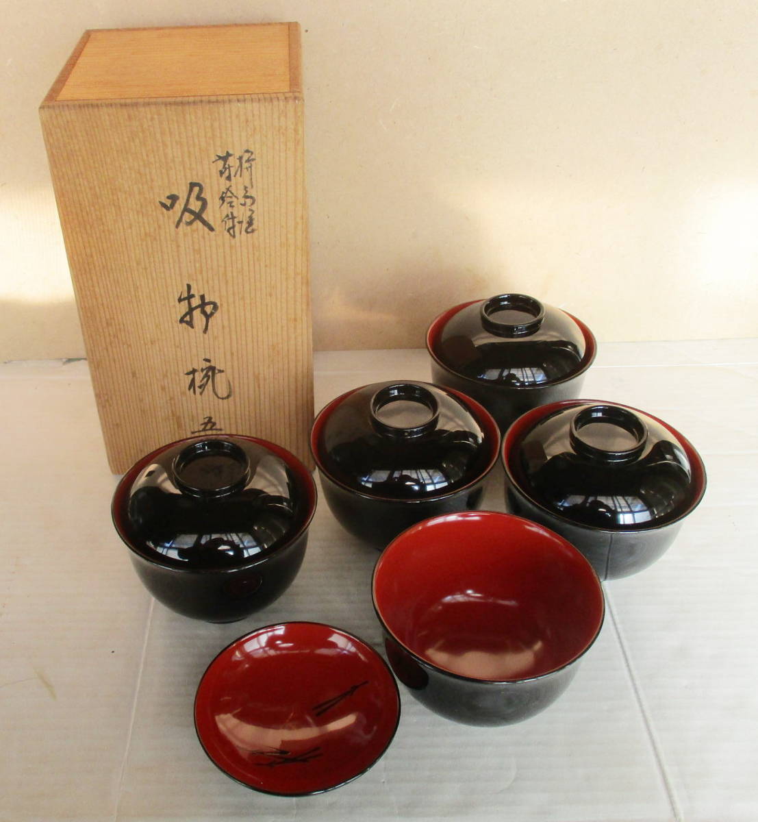 流】能登輪島塗 加賀蒔絵吸物椀五客 共箱 DK581 共箱 5客