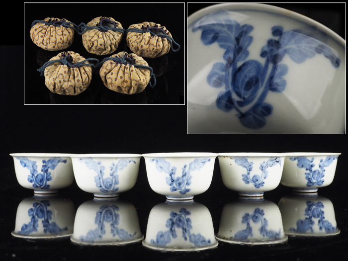 夢工房 古染付 白菜図 玉露 煎茶碗 五客 仕覆入 V-