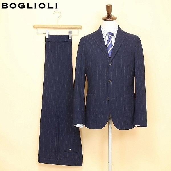 ボリオリBOGLIOLIスーツ・ネイビーストライプ・サイズ48 ◇BOGLIOLI/ボリオリ アンゴラ混 ストレッチ ストライプ柄 3釦