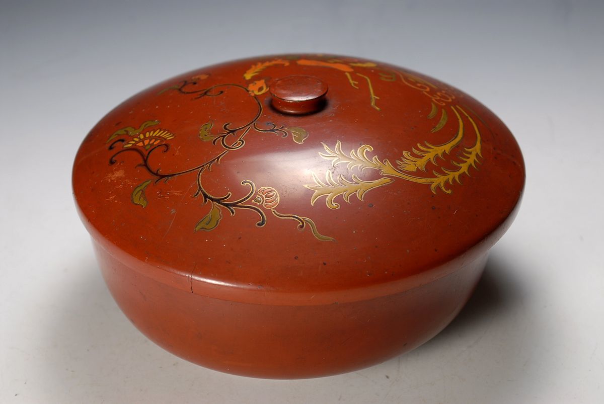 1137 幕末明治期 漆器 蒔絵 蓋物 鳳凰 達者な筆使い