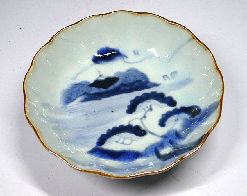 緑屋*t□時代物 膾皿 20客まとめて 輪花 なます皿 染付山水紋 江戸期