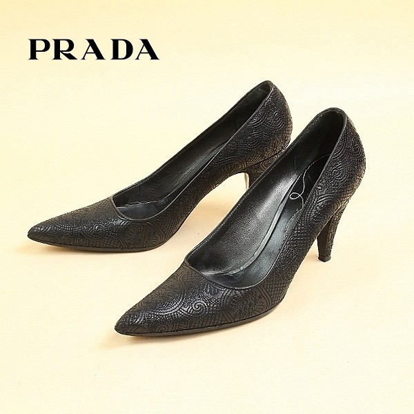 イタリア製◇PRADA/プラダ 刺繍 総柄 レザー ポインテッドトゥ ヒール