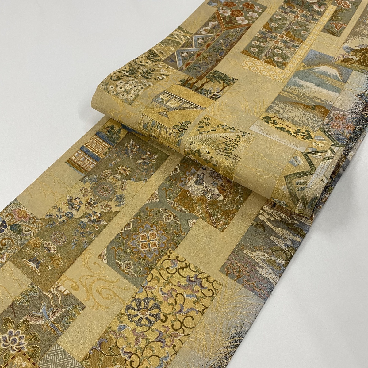 美品 丸帯 伝承国宝図 扇面 壱阡八百口織 名品 リバーシブル 草花