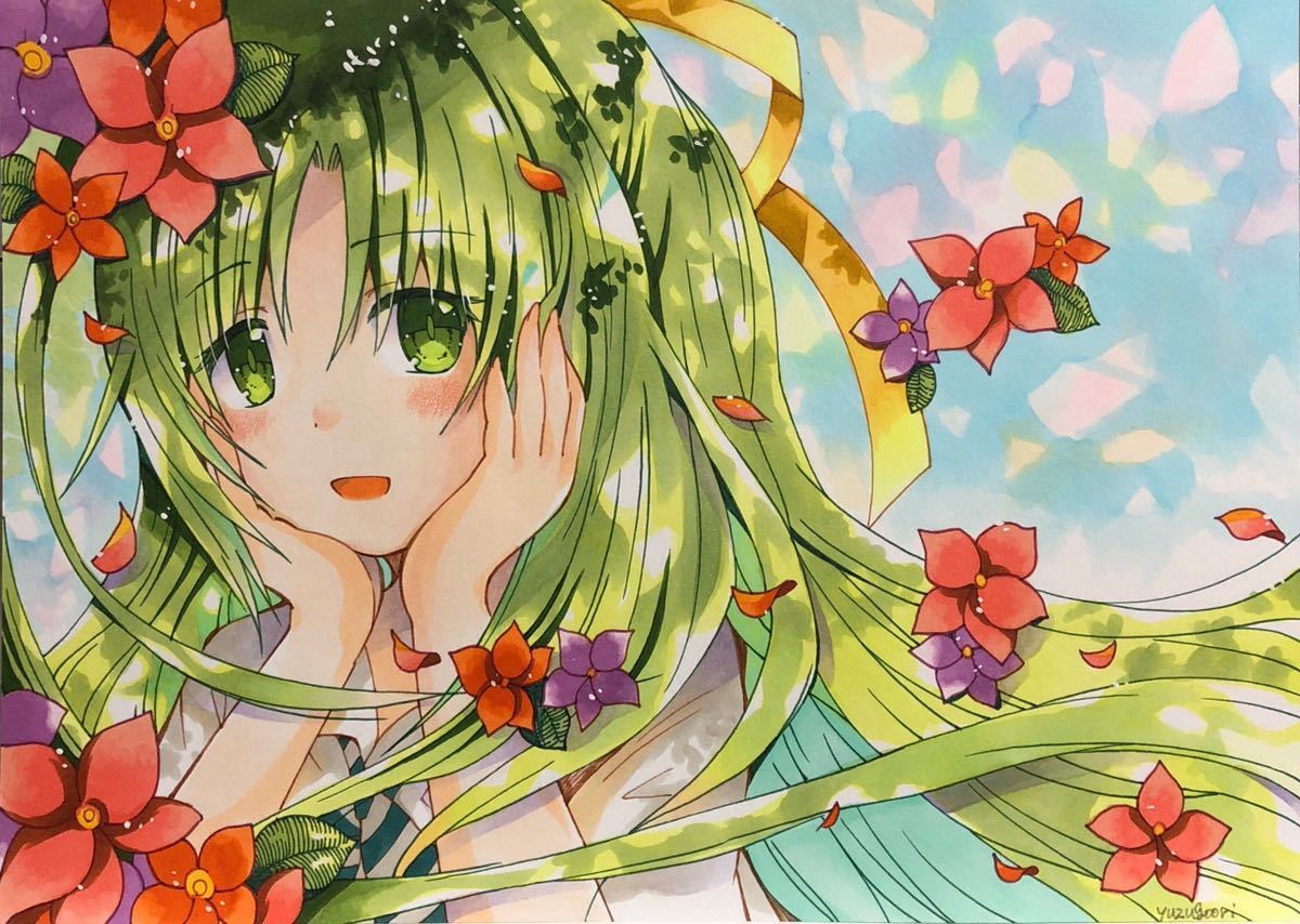 ユリクロ　手描き　イラストリクエスト 簡易リクエスト（緑髪）yuzugoori アナログ 手描き イラスト 版権 同人