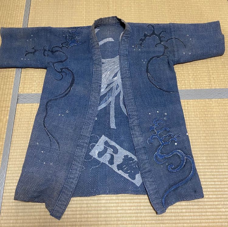 刺し子 纏 時代物 半纏 総刺子 火消し リバーシブル 藍染 刺子半纏