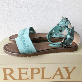 未使用 REPLAY リプレイ ミントブルー レザー ローサンダル 24cm 