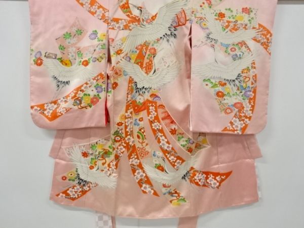 宗sou 束ね熨斗に群鶴・枝梅模様刺繍子供着物(長襦袢・内袖付き)
