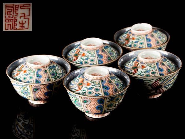 幕末期 都山精製 乾山写色絵草花紋蓋付鉢五客 向付 時代箱付 懐石道具