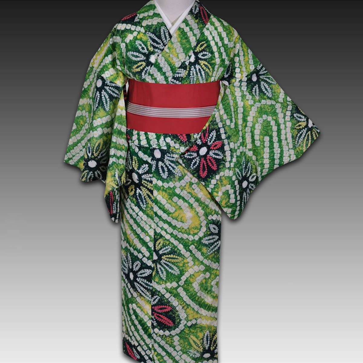 有松鳴海絞り　木綿　浴衣　総絞り　美品 定価10万!有松鳴海絞り豪華・総絞り逸品ゆかた♪浴衣グリーン緑 検)