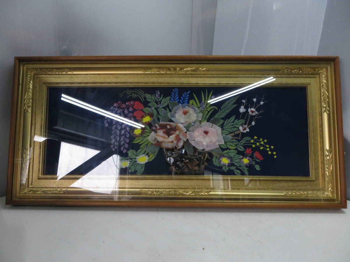 貴石画?ストーンを使った 工芸画 94×43cm 大型 額装 壁掛け アート 