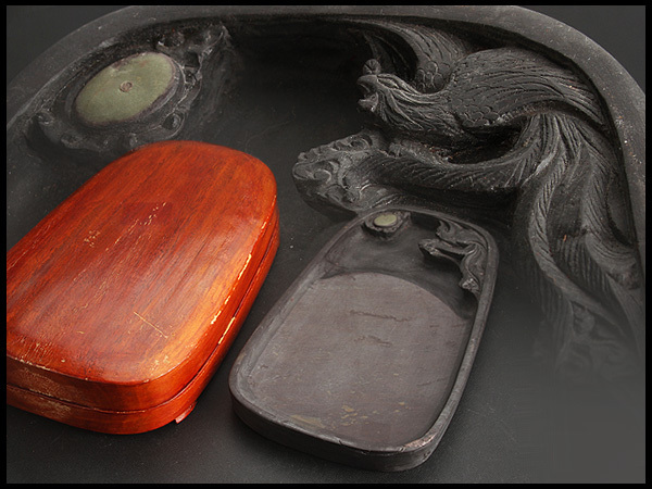 硯　端硯 BX401 時代物 帶石眼端硯・帶石眼端石鳳凰圖硯台・老端硯・石目端渓硯