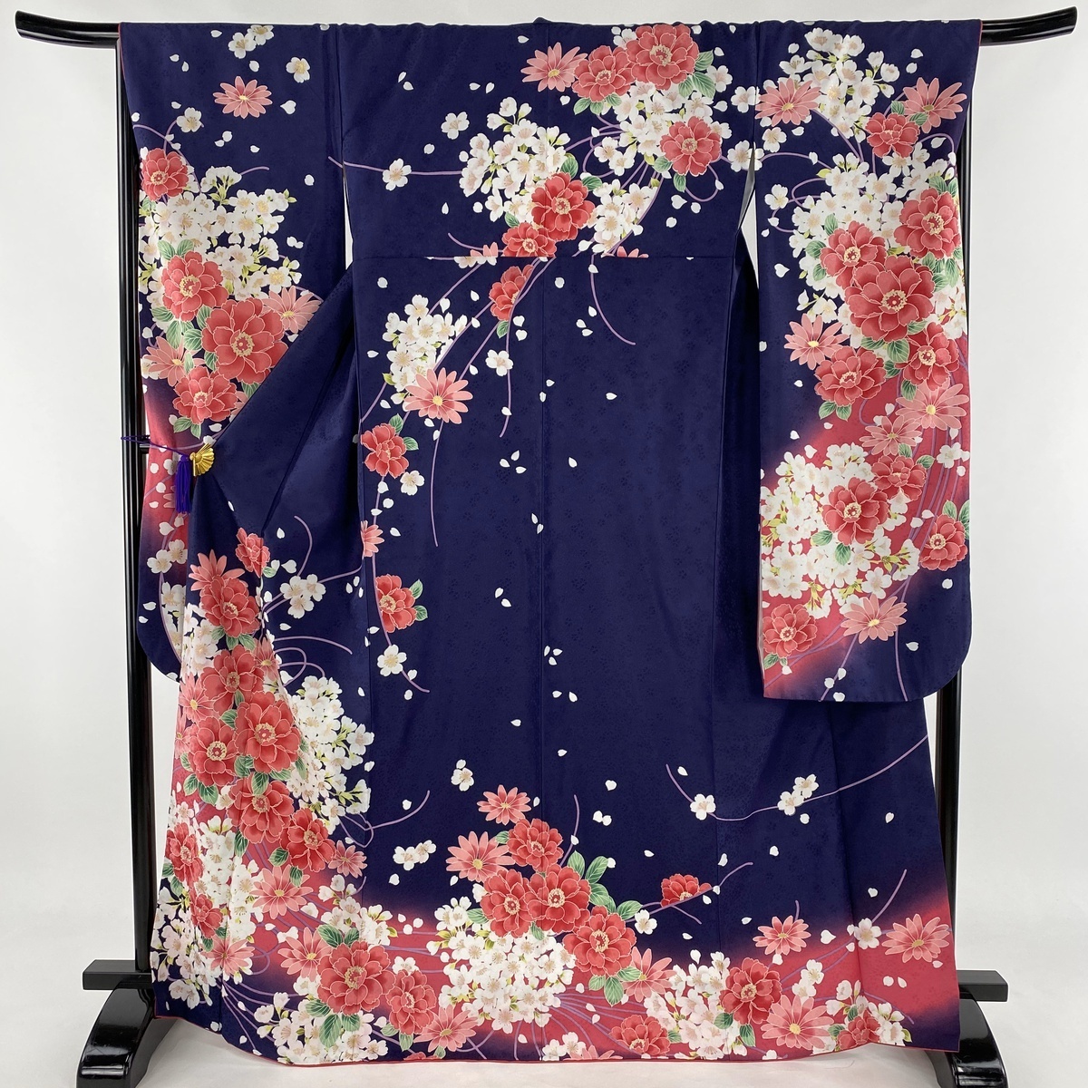 金彩 振袖 袷 桜 正絹 箔 牡丹 L M 青 袋帯フルセット ぼかし 裄丈65cm