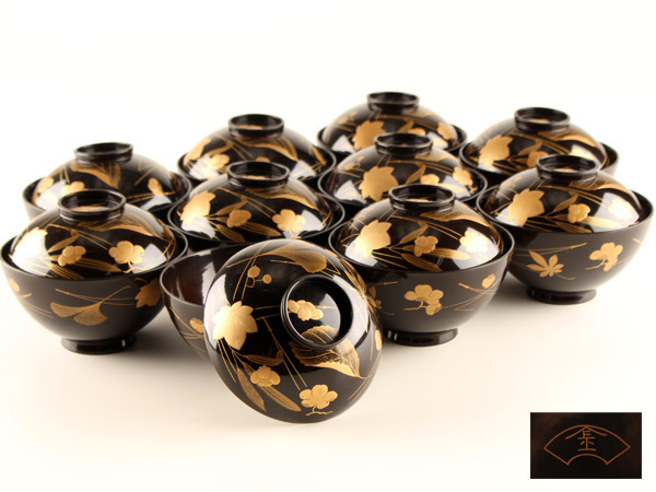 冠 葵 蒔絵 吸物椀 十客茶懐石道具会席 即発送可能 【流】茶懐石道具 黒塗蒔絵吸物椀十客 JR607