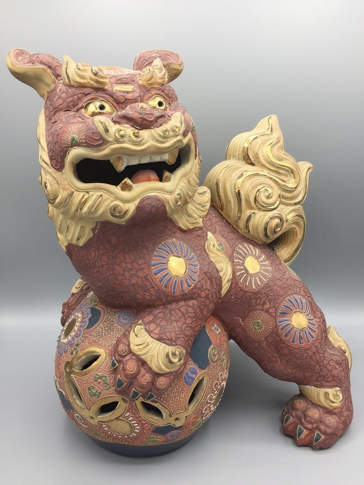 八幡窯 置物 - 九谷焼 玉乗り獅子 Yahoo!オークション 陶器 30cm 須栄