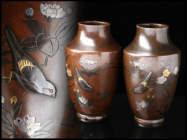 CN424 時代物 金工 古銅桜鳥金銀銅高肉象嵌小花瓶・銅象嵌花入・銅花鳥 