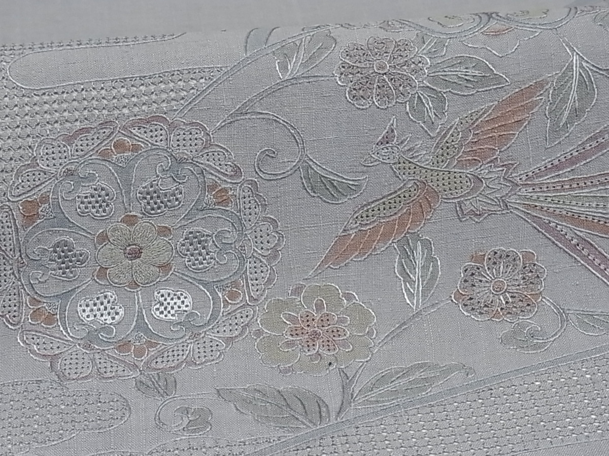 着物屋こころ□太鼓柄袋帯 スワトウ刺繍 紬地 鳳凰正倉院更紗花文 逸品 