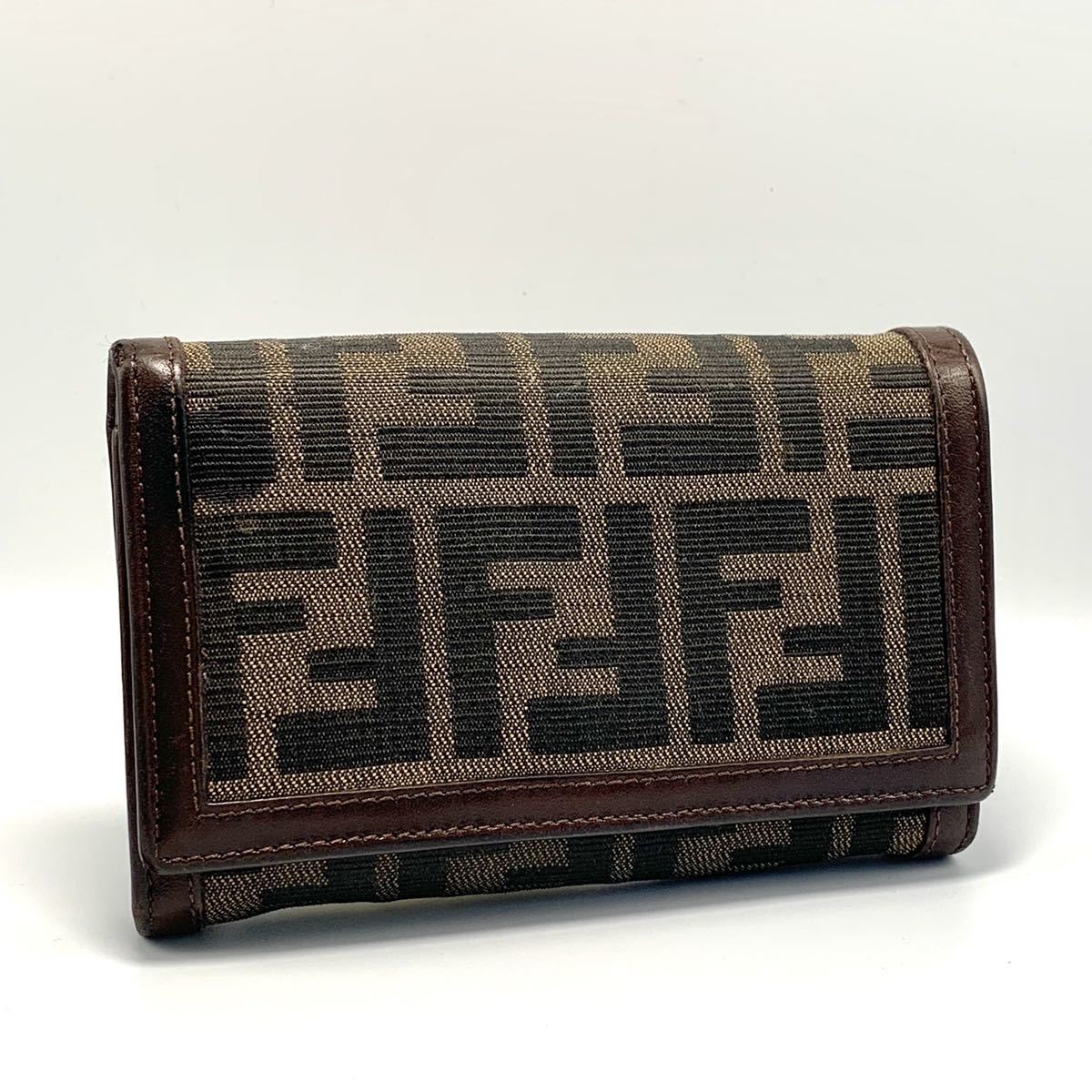 1円 FENDI フェンディ ズッカ柄 ズッカ カーキ キャンバス×レザー 折