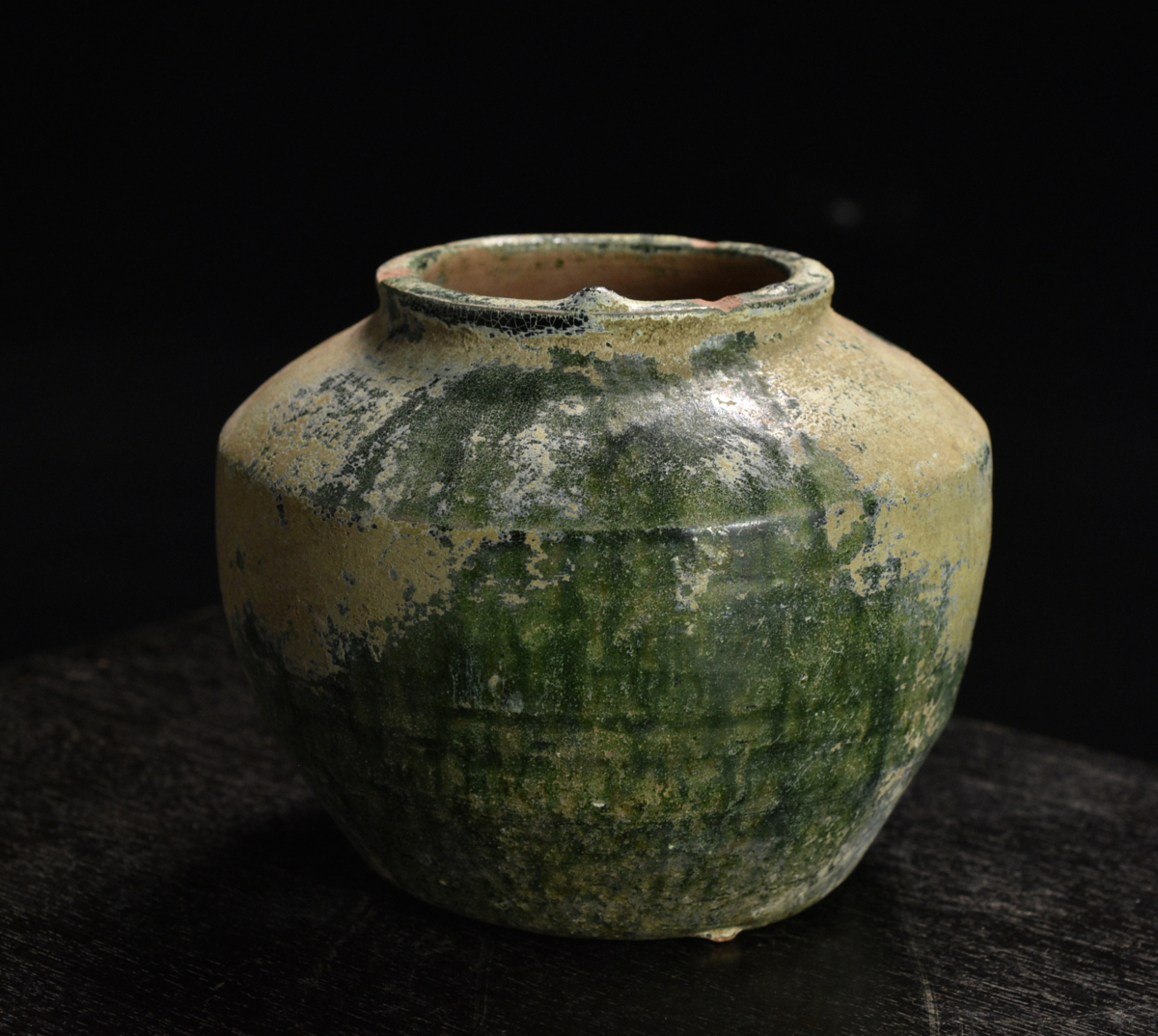 壷□緑釉 丸壺 古い花瓶 オブジェ 土器 須恵器 古玩 唐物 中国 時代物