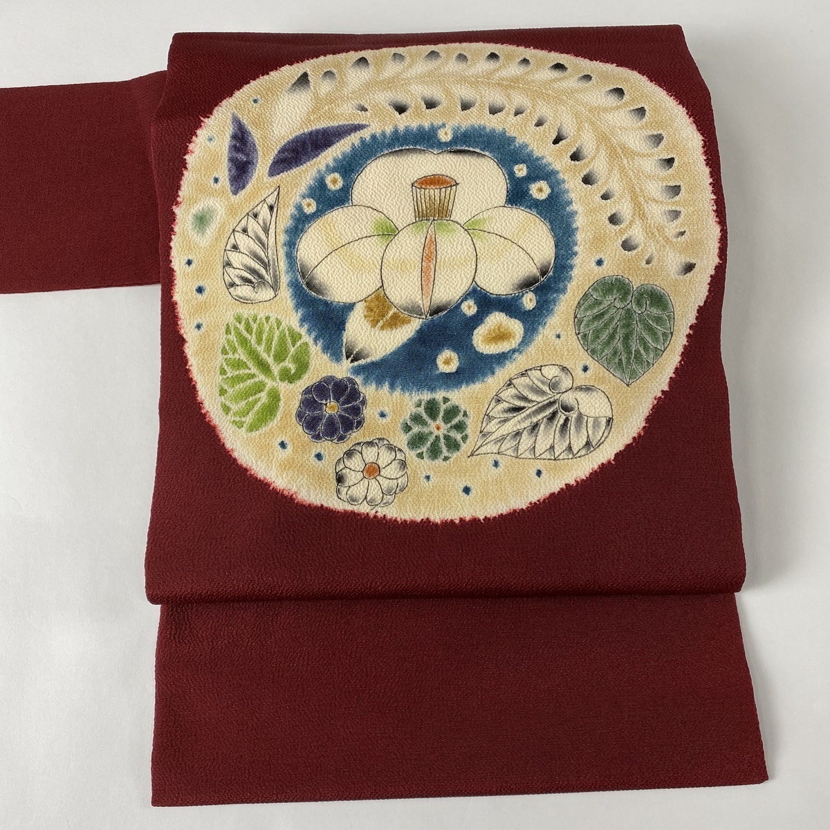 美品 名古屋帯 草花 縮緬 落款あり 秀品 正絹 名品 山岡古都 鳥 伊差川